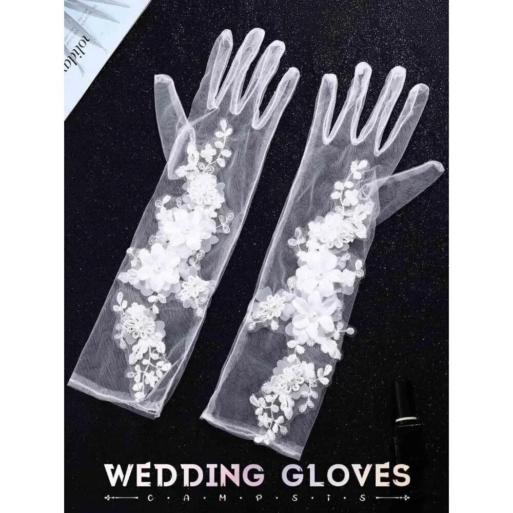 Women's White Floral Lace Halloween Flower Embroidery Gloves Tulle Party Prom